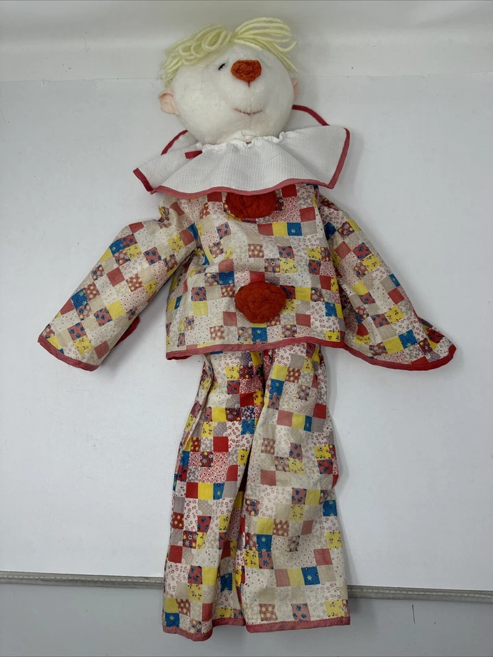 Juguete de payaso Edén de colección tela de fieltro flojo nariz hilo amarillo cabello 24" largo raro difícil de encontrar Foto 1 de 4