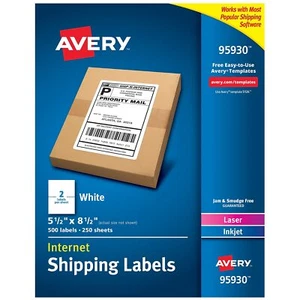 Avery White Shipping Labels Laser/Inkjet 5 1/2 x 8 1/2 White 500/Box 95930 - Picture 1 of 7