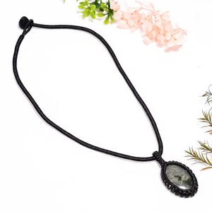 Natural Green Rutile Quartz Gemstone Oval Cab Macrame Thread Pendant 2" GSR-5671 - Picture 1 of 3