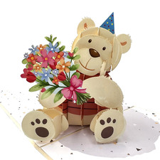 Pop Up Greeting Card - 3D Pop-Up Teddy Bear holding Flowers