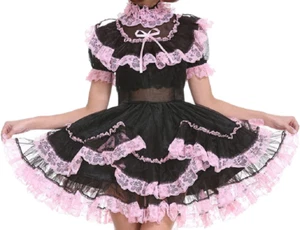  Black Organza Short Sleeved Lace Trimmed Maid French Uniform Party Dress  - Picture 1 of 6