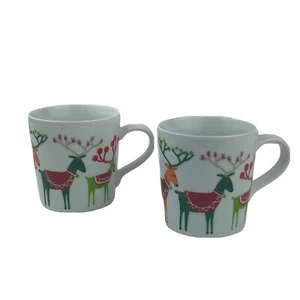 Crate and Barrel Jenny Bowers Reindeer Sleigh Gifts Holiday Ceramic Mugs 2014 - Picture 1 of 7
