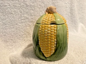 Ear Of Corn Shape Sugar Bowl W/Lid Yellow & Green Ceramic 4 1/2" T x 3 1/2" W - Picture 1 of 6