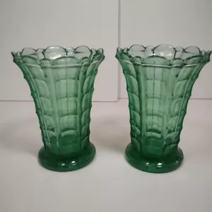 Pair Large Green Glass Vases 16cm Tall 12cm Diameter - Picture 1 of 10