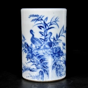 Collectable Art Hand Painting Blue&white Porcelain Bird Brush Pot - Picture 1 of 9