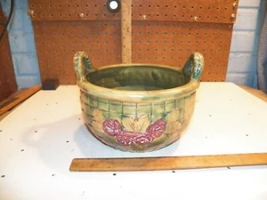 Vintage 1920s WELLER Flemish Art Pottery Red Floral Brown Green Ceramic Basket - Picture 1 of 6