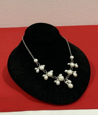 925 Signed Sterling Silver and Faux Pearl Bib Wedding Style Necklace 17" Length - Image 1 of 4