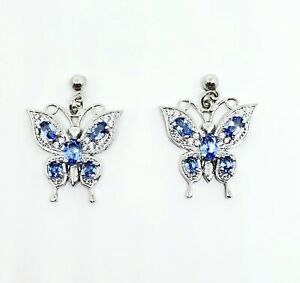 Beautiful Butterfly Shape Blue Tanzanite, CZ Silver Earrings 1.25"