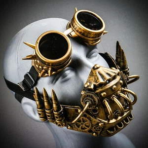 Gold Respirator Gas Mouth Mask Steampunk Costume Burning Man Party Spike Goggles - Picture 1 of 4