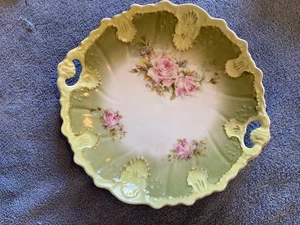 Vintage Round  Green Shallow Bowl - Painted -  Roses - 10" - EC - Picture 1 of 1