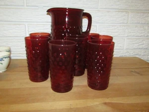 Vintage ANCHOR HOCKING Royal Ruby Glass Hobnail 60 oz Pitcher w/ 7 Tumblers - Picture 1 of 5