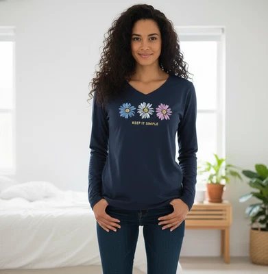 Life is Good Daisy 长袖 T 恤女式 M 灰色极简主义乐观主义良好氛围 — 第 1/4 张图片