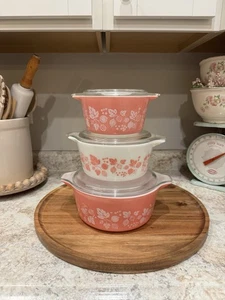 Pyrex Gooseberry Pink Cinderella 3 Pc Casserole Set 473, 474, 475 - Picture 1 of 17