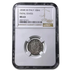 1858-R Papal States Silver 10 Baiocchi MS-63 NGC - Picture 1 of 3