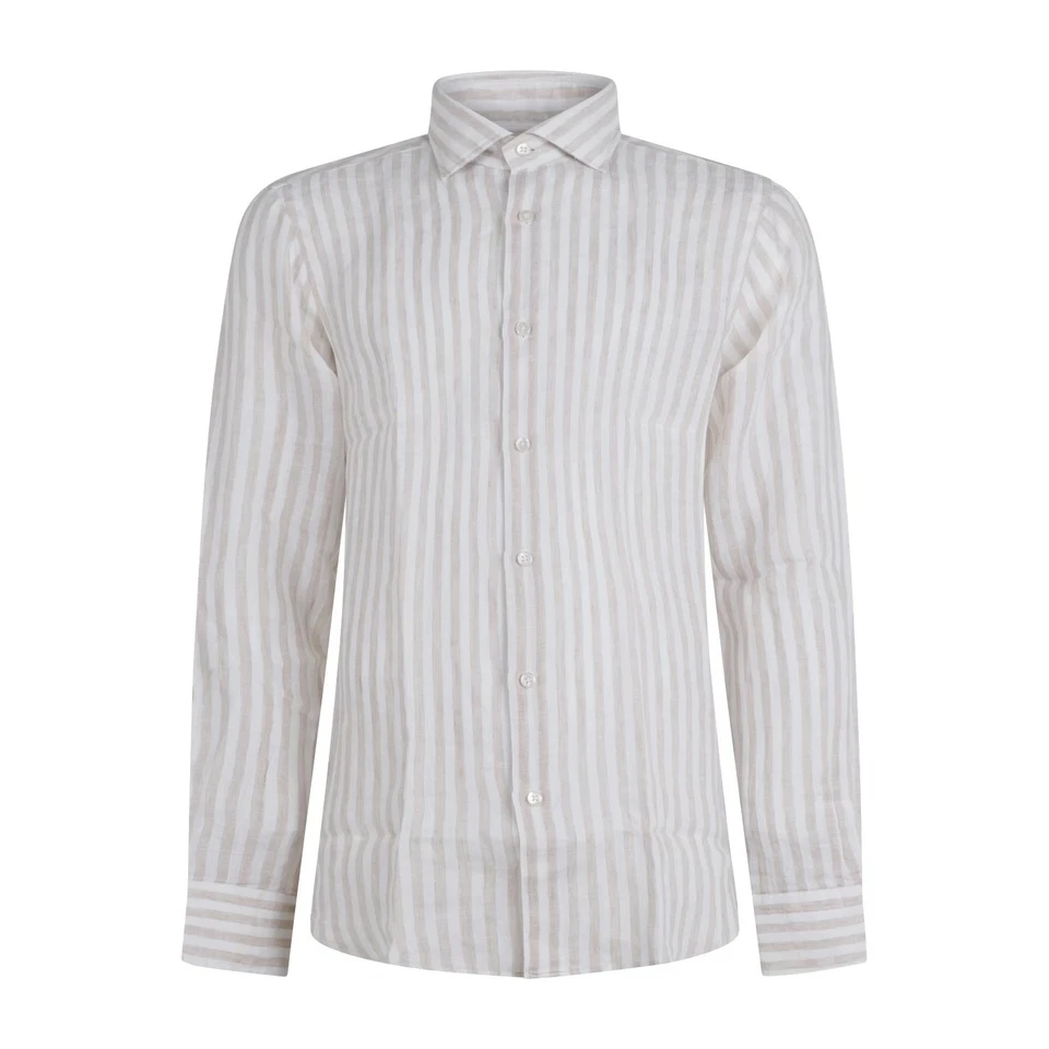 Lavorazione Sartoriale - Camicia bianca a righe beige in lino slim fit per uomo - Immagine 1 di 1
