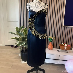 Vtg Black Satin Gold Ruffle Formal Dress Party Cocktail Evening Gothic Romantic - Picture 1 of 11