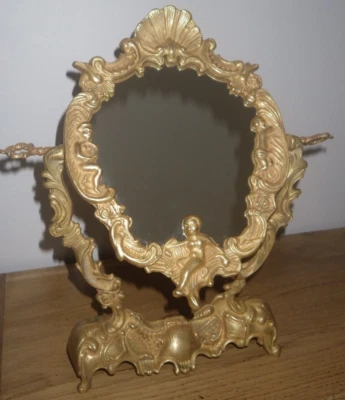 Art nouveau - Miroir à poser pivotant en laiton  - Décor Angelot Cherubin - TBE - Photo 1/4