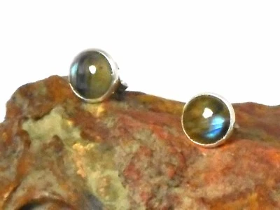 Fiery Round LABRADORITE  Sterling Silver 925 Gemstone Stud Earrings - 8 mm - Image 1 of 4