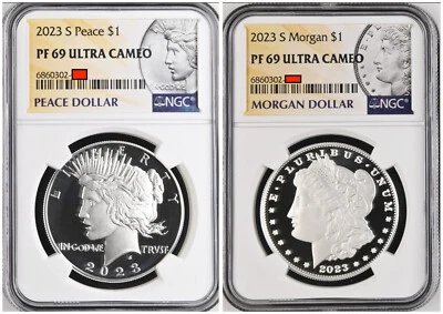 2x COINS - 2023 S MORGAN AND 2023 S PEACE DOLLAR $1 SILVER PROOF SET NGC PF69 - Image 1 of 2