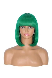 Kalyss Women's Bright Emerald Green Synthetic Wig Short/Medium Length Side Bangs - Picture 1 of 3