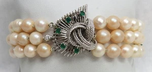 SCHÖNES VINTAGE 14K GOLD & SMARAGD VERSCHLUSS 3 REIHIG 7mm PERLEN 7" ARMBAND - Bild 1 von 5