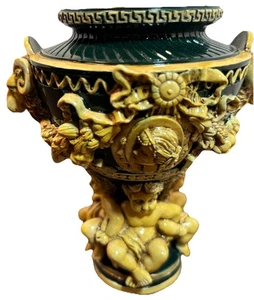 Vintage Sahiba neoklassizistischer Stil handbemalt grüne Jade Vase Cherubs Widder 4,5" - Bild 1 von 9