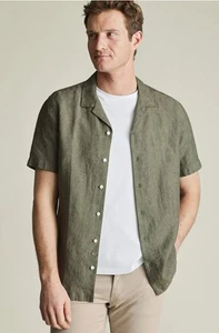 Camisa Charles Tyrwhitt Verde Oliva Calce Ajustado Lino PEQUEÑO CUELLO REVERE Nueva - Imagen 1 de 10