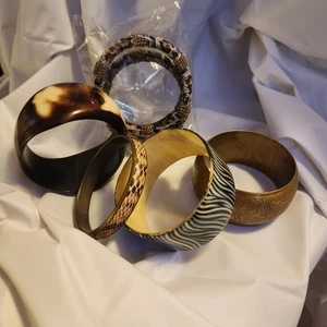 Animal Zebra Stripe Tortoiuse Wide Dommed Lucite Brass Leather Bangle Bracelets - Picture 1 of 7