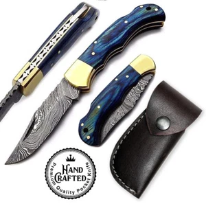 6.5" Blue Wood Folding Pocket knife Hunting 100% Handmade Damascus Steel leather - Picture 1 of 2