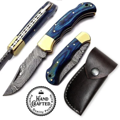 6.5" Blue Wood Folding Pocket knife Hunting 100% Handmade Damascus Steel leather - Image 1 of 2