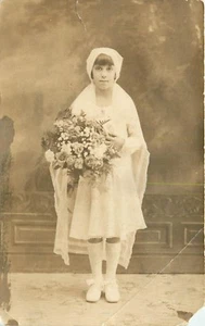 RPPC Flower Girl Dressed in White Portrait B&W Postcard  - Picture 1 of 2