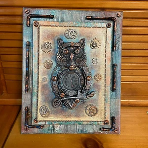 Steampunk Arcilla Búho Medios Mixtos Arte de Pared sobre Lienzo una Pieza de Arte Original 10 x 8 - Imagen 1 de 10