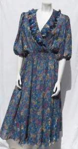 Vintage MONTAGE by MOSAIC M Blumenmuster Chiffon Blouson Midikleid Plissee Rüschen - Bild 1 von 7