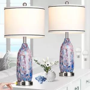 26" Coastal Glass Table Lamps Set of 2,Nautical Lamp with USB A+C Ports & AC Out - Picture 1 of 7