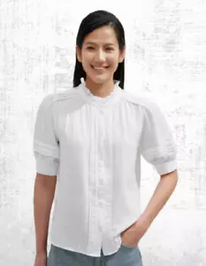 Ex ME+EM Women’s Short Sleeve Shirred Cuff Cheesecloth Blouse in White RRP £75 - Picture 1 of 4