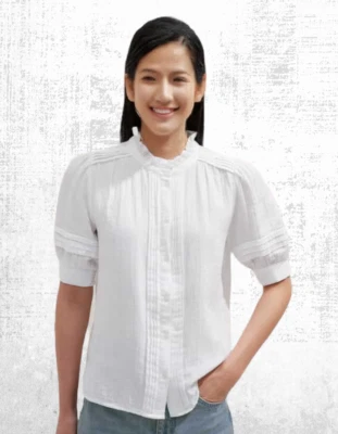 Женская блузка с коротким рукавом Ex ME+EM с гофрированными манжетами из сырной ткани белая рекомендуемая розничная цена 75 фунтов - Изображение 1 из 4