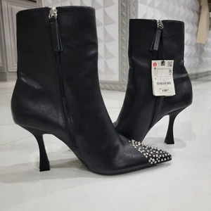 Zara Black Leather Studded Ankle Boots 8 39 New - Picture 1 of 8