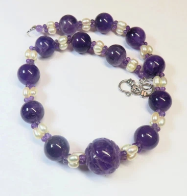 Collar Gargantilla Plata de Ley 925 y China Tallada Amatista y Perla 16" Foto 1 de 4