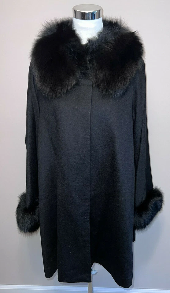 Belle Fare Woman's Black Fox Fur Collar Cuffs Cashmere Blend Coat Size Large
