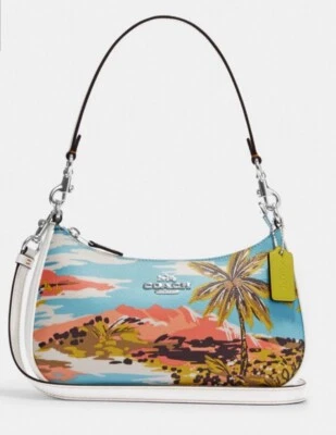 NWT COACH Teri Shoulder Bag with Hawaiian Print Canvas Leather Blue/White CJ598 - Image 1 of 4