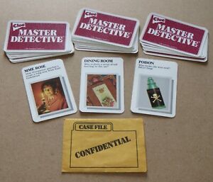 1988 Clue Master Detective Game Parts ... Complete 30 Card Deck and Envelope