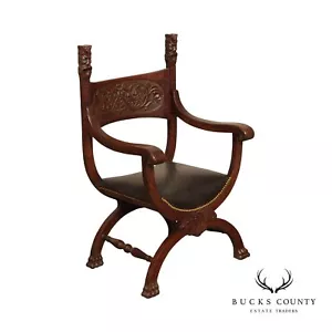 Antique Renaissance Revival Oak Carved Savonarola Armchair - Picture 1 of 12