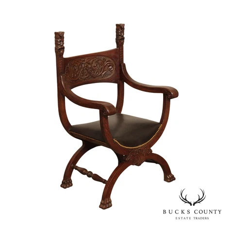 Antique Renaissance Revival Oak Carved  Savonarola Armchair Cover