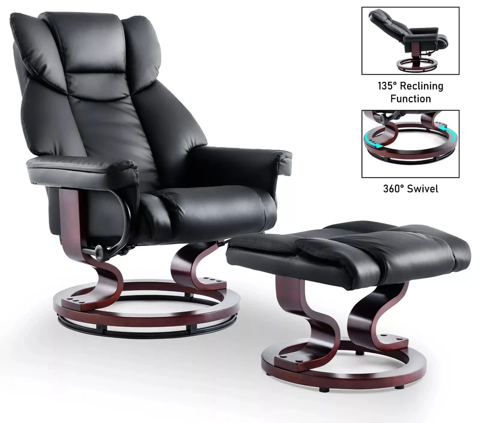 Leather Recliner Chair Armchair Lounge Sofa Swivel Chair W/ Foot Stool Wood Base - Image 1 of 1