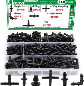 340PCS 1/4" Drip Irrigation Kit Barbed Connectors, Straight Barb, Tee, Single Ba - Picture 1 of 7