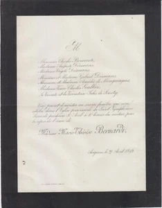 1892 Faire-part messe Mme Marie-Thérèse BERNARDI née CARBONEL - Avignon Vaucluse - Picture 1 of 1