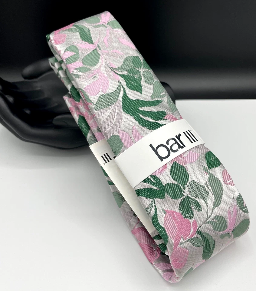 Bar III 男式丝绸混纺领带 ~ 粉红色 ~ Haydon 花卉 ~ 全新 MSRP:55 美元。 — 第 1/3 张图片