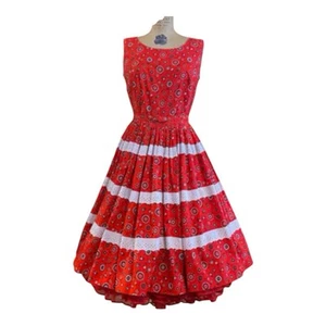 Vintage 1950’s Colorful Sun Dress Red Lace Circular Floral talon zipper - Picture 1 of 13