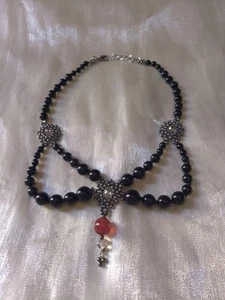 Pearls Necklace Black Red Carnelian Handmade Vintage Victorian Party Gift - Foto 1 di 9
