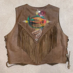 Chaleco de motociclista gráfico de colección de cuero genuino Hudson con flecos para mujer talla 2XL 2X - Imagen 1 de 9